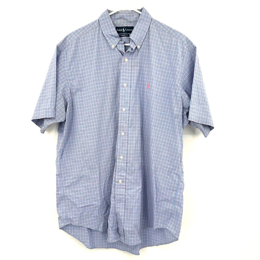 Ralph Lauren Size Large Button Down Short Sleeve Shirt Blue‎ Plaid Classic Fit